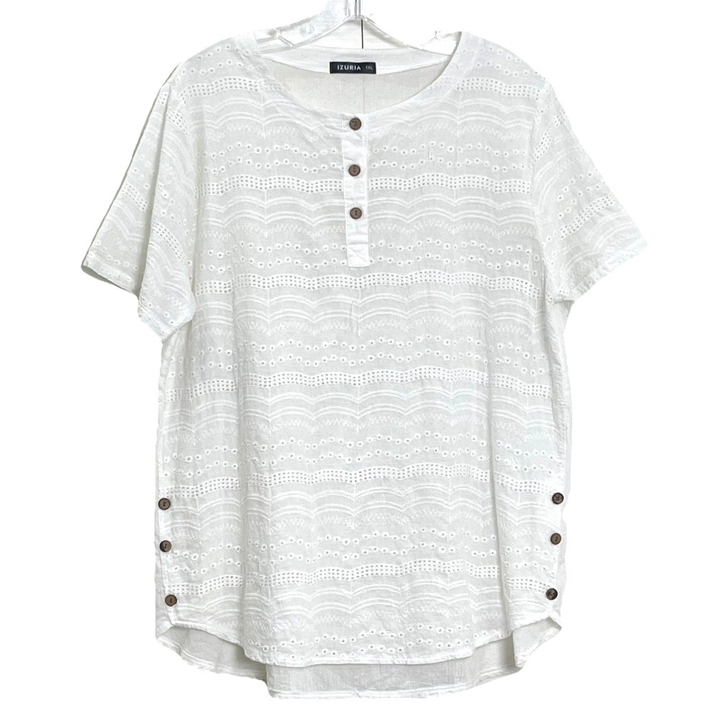 Izuria Broderie Anglaise Front Tunic Blouse XL/1XL White Short Sleeve Sheer Boho